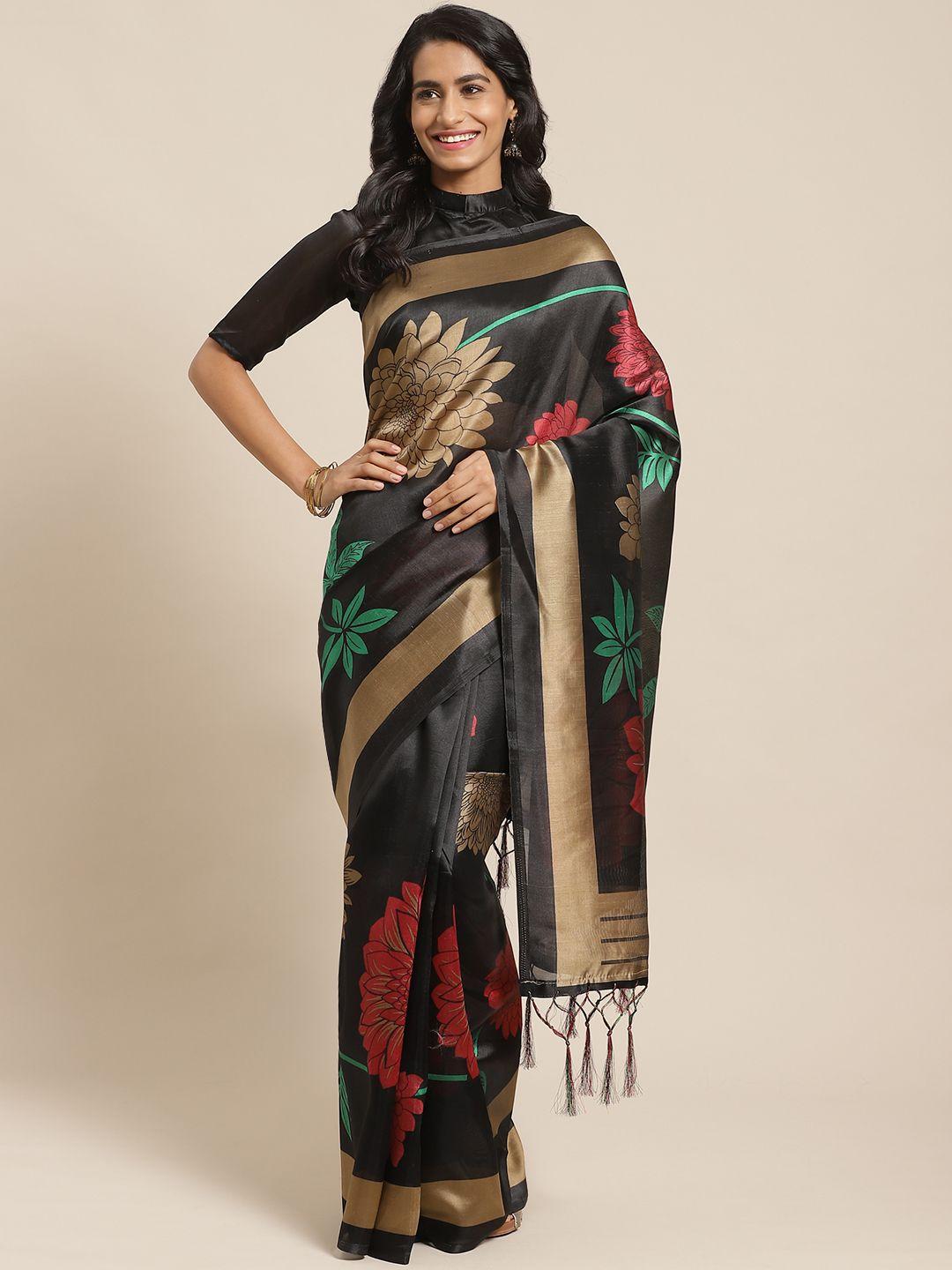 saree mall black & golden floral printed bhagalpuri saree