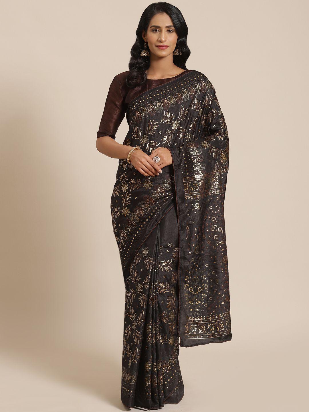 saree mall black & golden floral printed saree