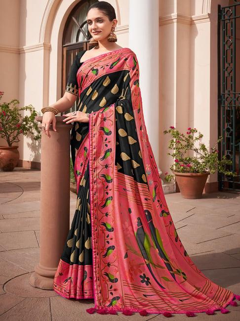saree mall black & peach printed saree with unstitched blouse