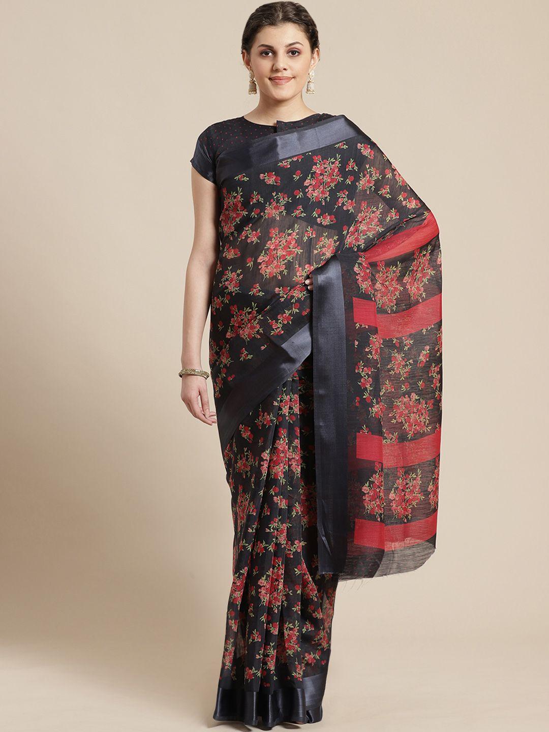 saree mall black & red floral printed saree