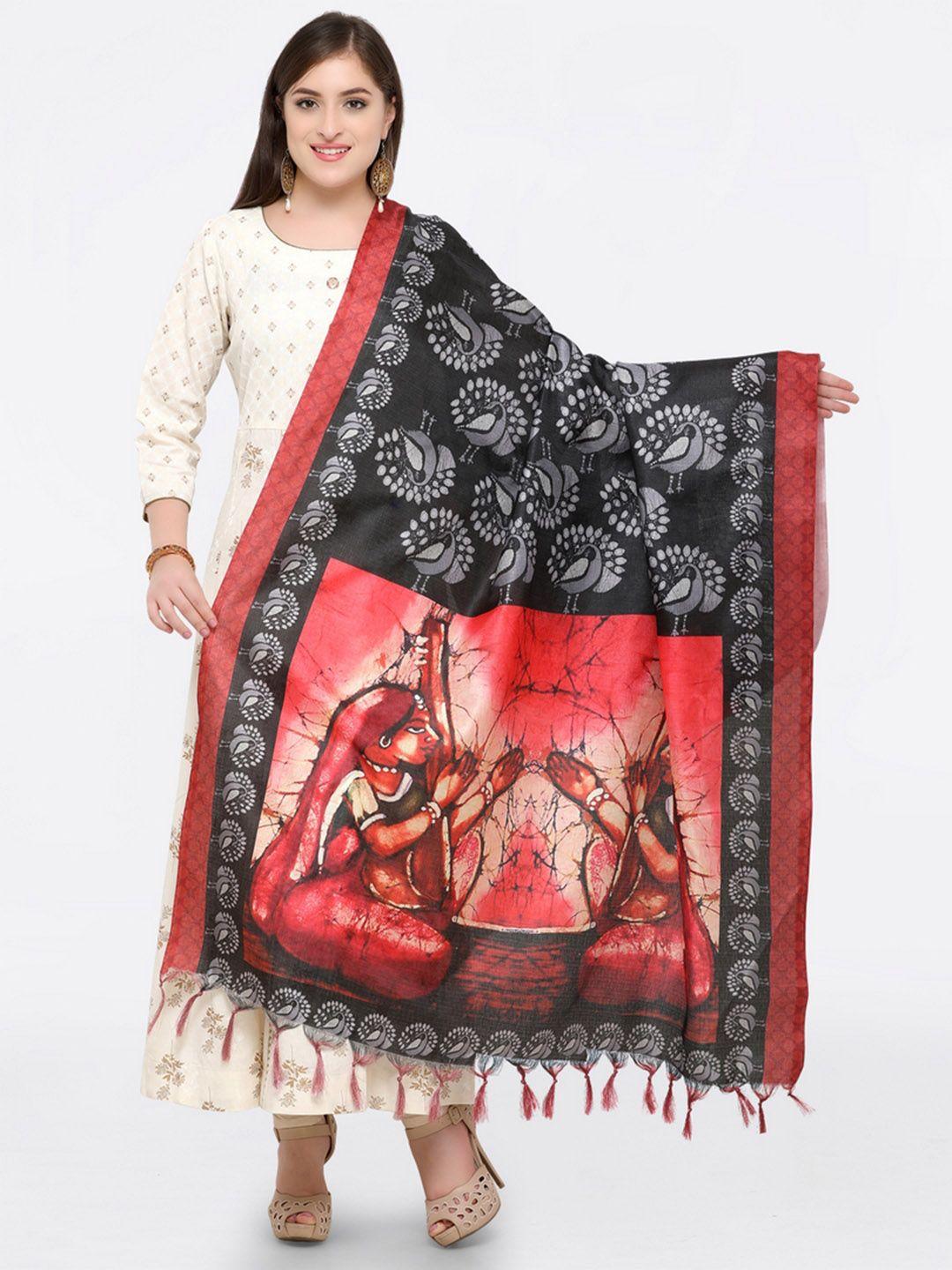 saree mall black & red printed dupatta