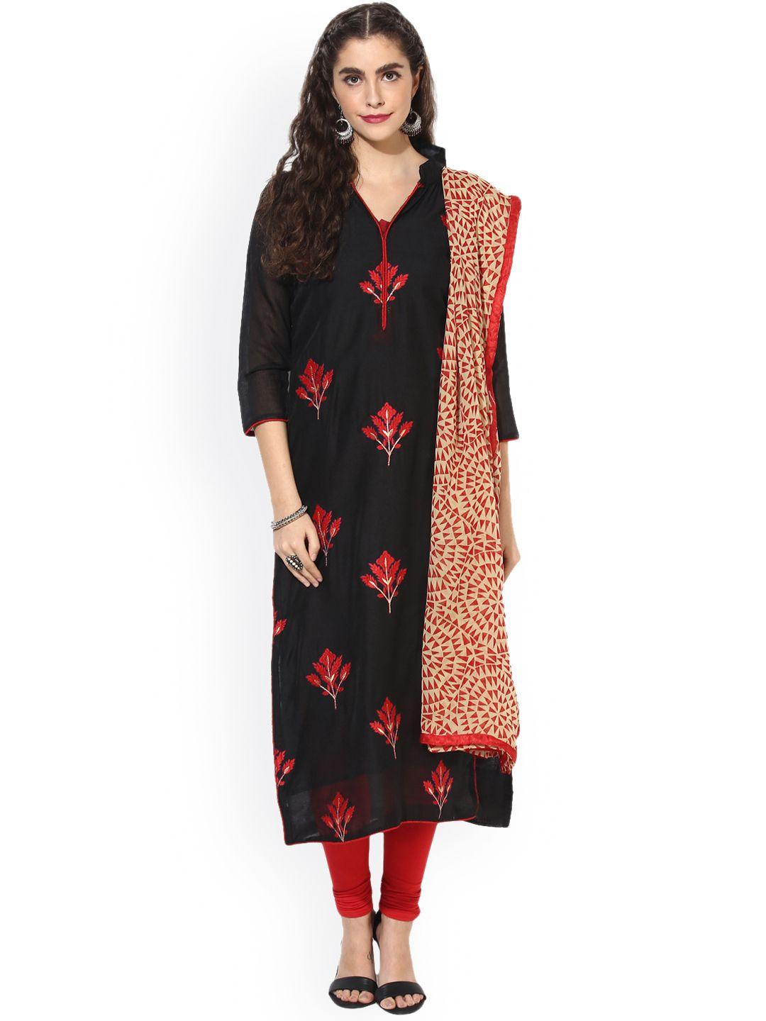 saree mall black & red silk blend unstitched dress material