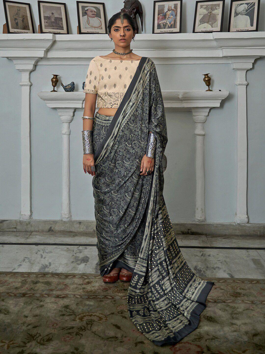 saree mall black & white ethnic motifs pure crepe bagh sarees
