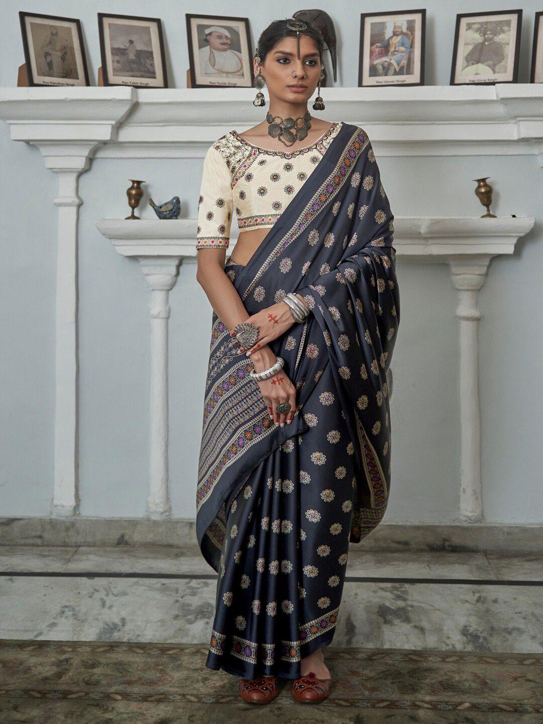 saree mall black & white ethnic motifs pure crepe bagh sarees