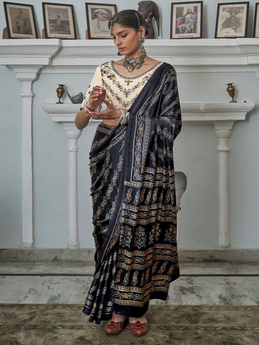 saree mall black & white ethnic motifs pure crepe bagh sarees