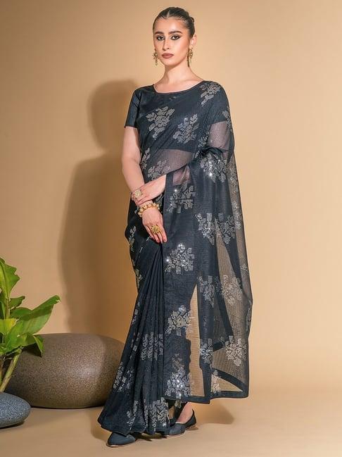 saree mall black embellished saree with unstitched blouse