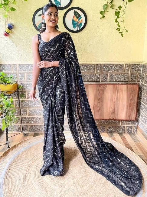 saree mall black embellished saree with unstitched blouse