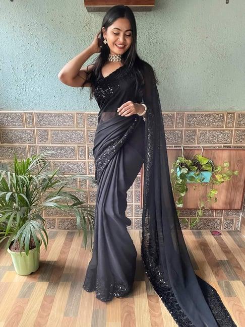 saree mall black embellished saree with unstitched blouse