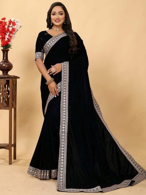 saree mall black embroidered saree with unstitched blouse