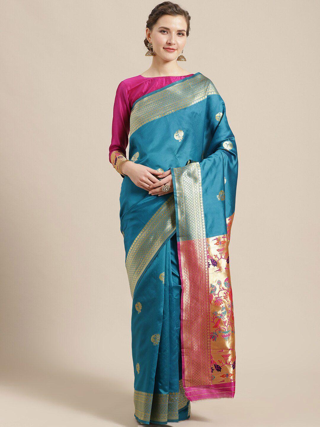 saree mall blue & golden woven design banarasi saree