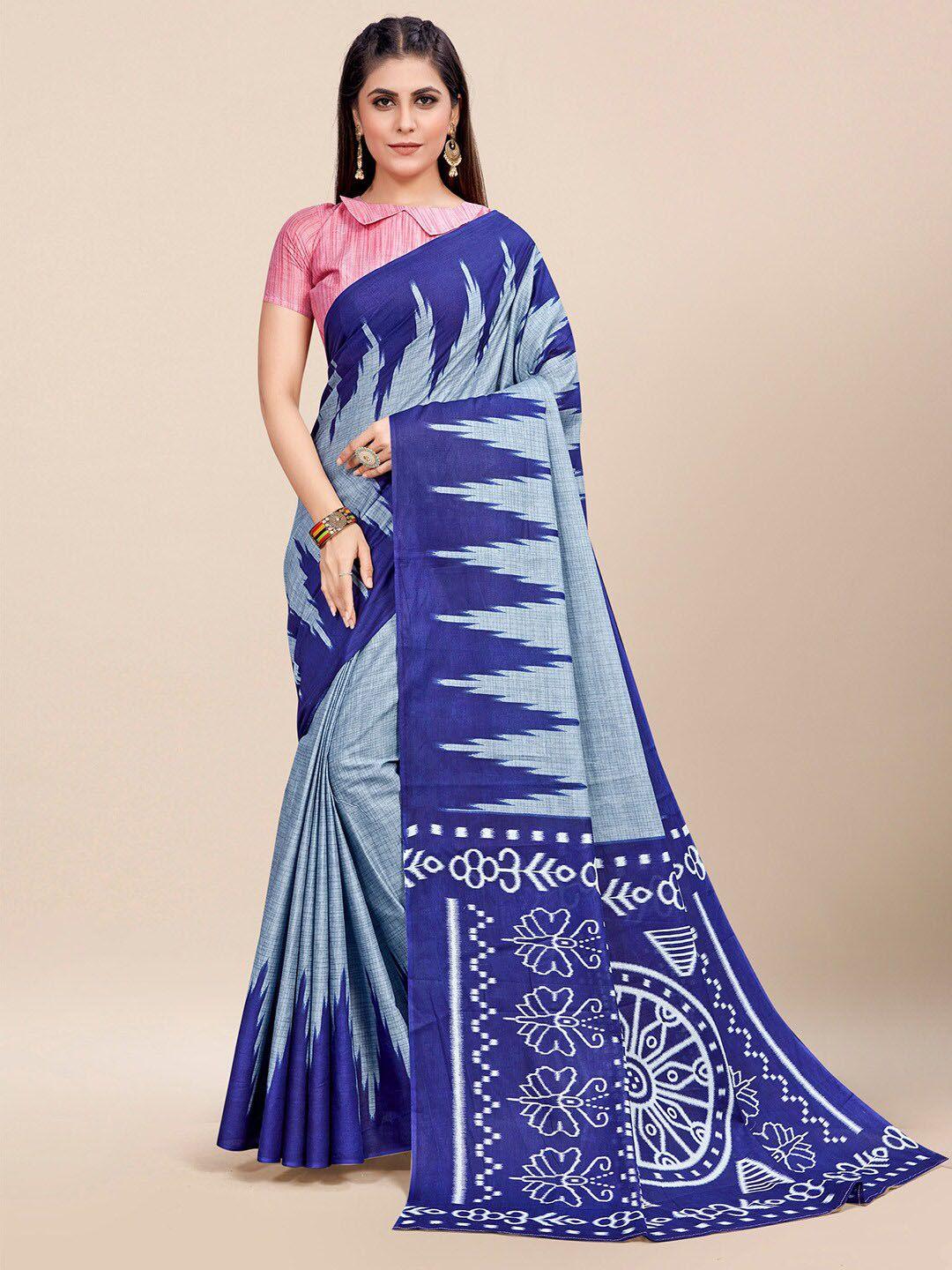 saree mall blue & grey pure cotton ikat sarees