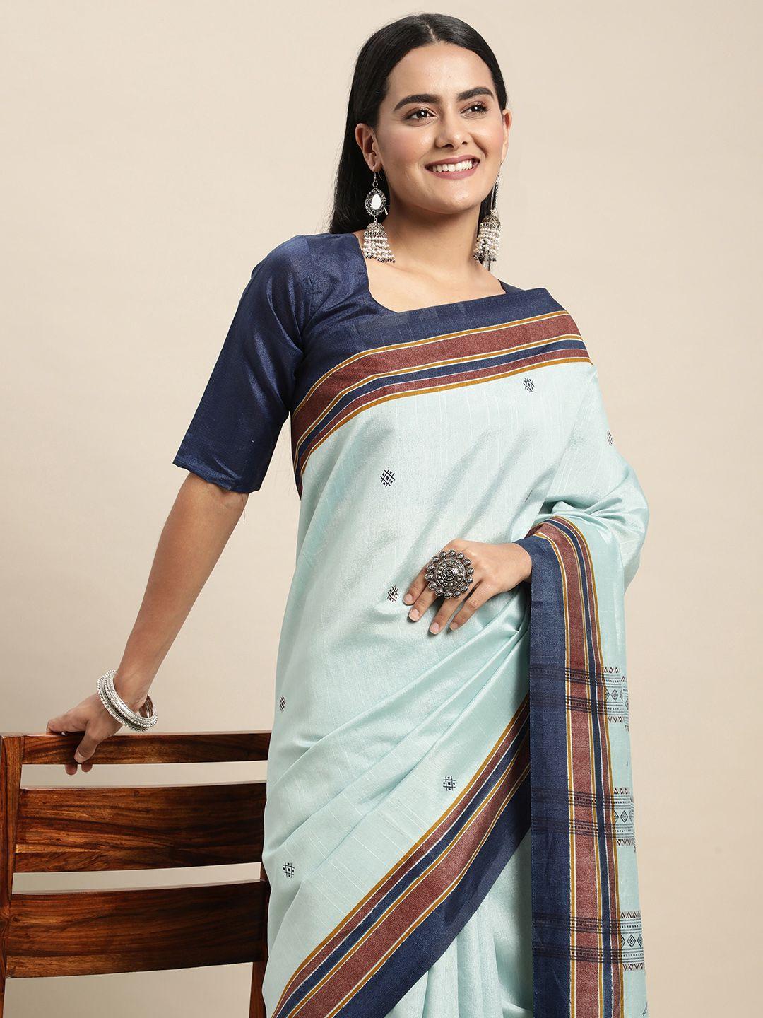 saree mall blue & maroon ethnic printed taant sarees
