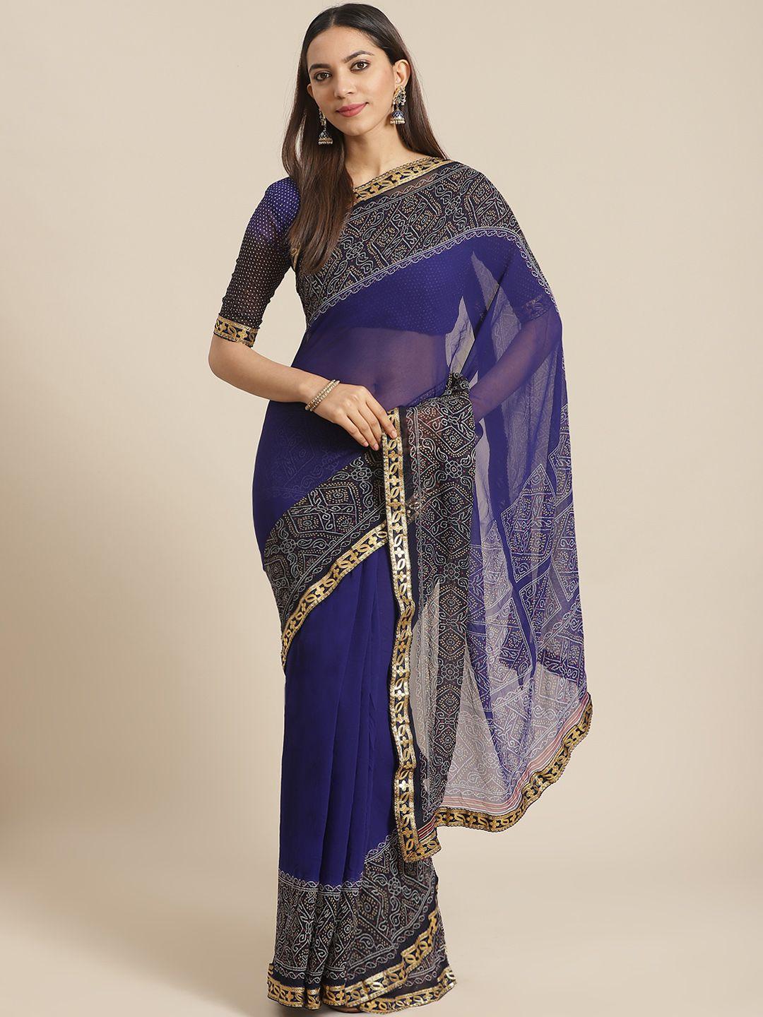 saree mall blue & off-white solid bandhani saree