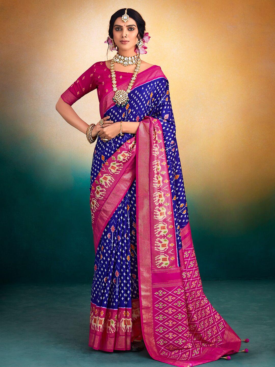 saree mall blue & pink ethnic motifs printed zari sarees