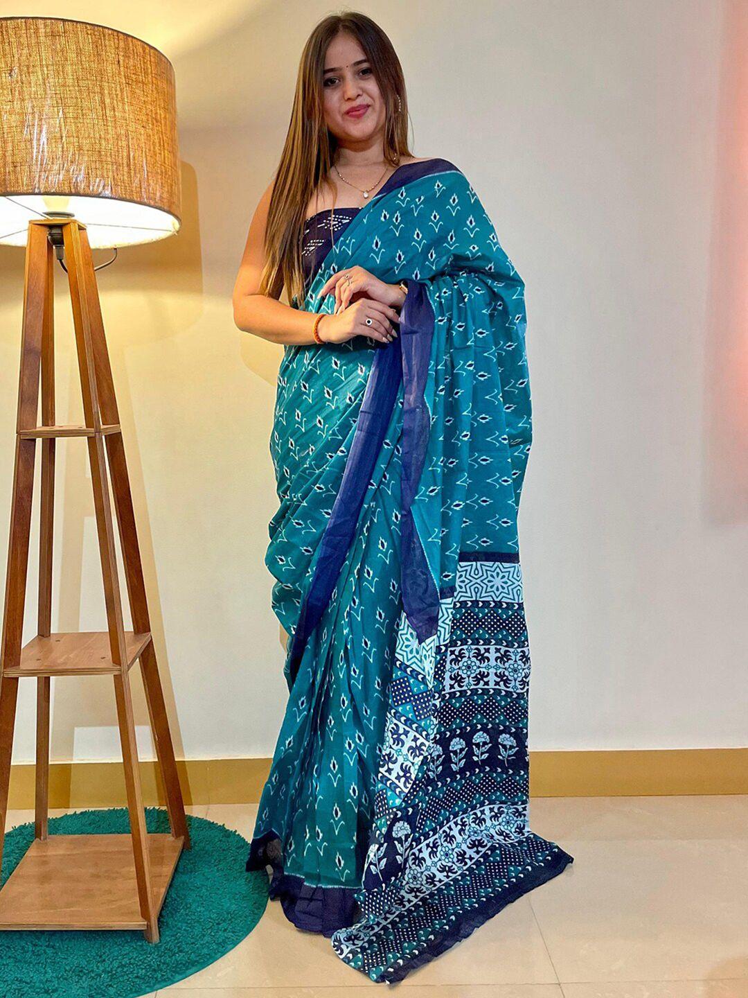 saree mall blue & white ethnic motifs pure cotton ikat sarees