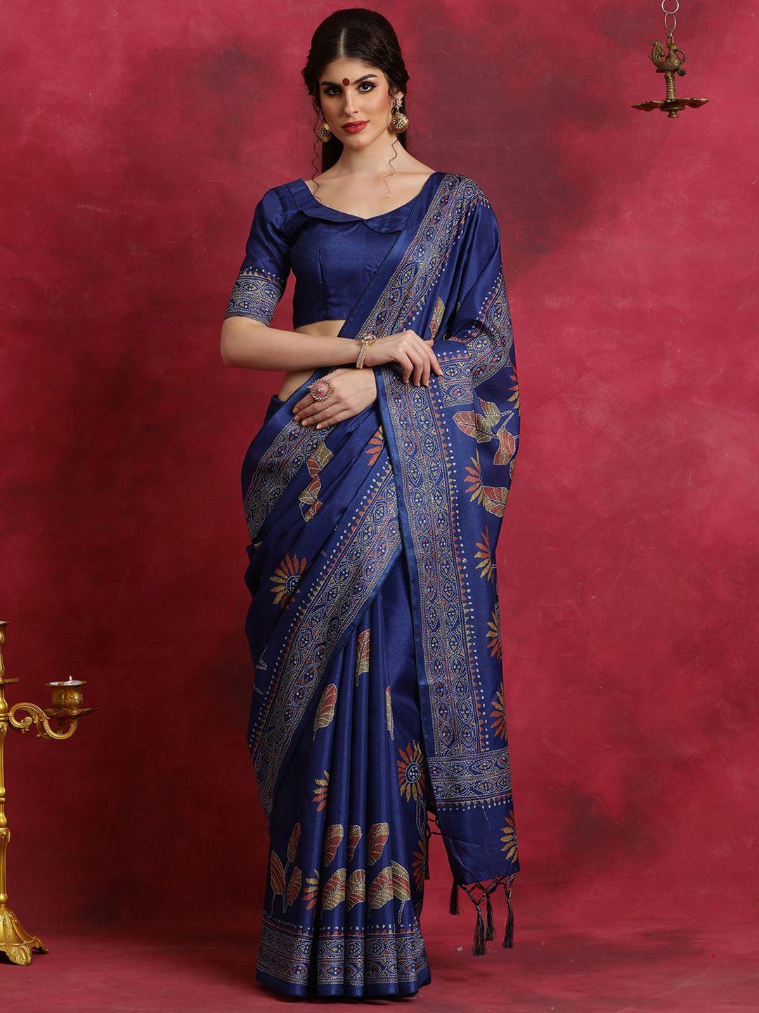 saree mall blue & white ethnic motifs silk blend block print sarees