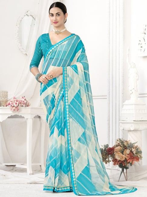 saree mall blue & white striped saree with unstitched blouse
