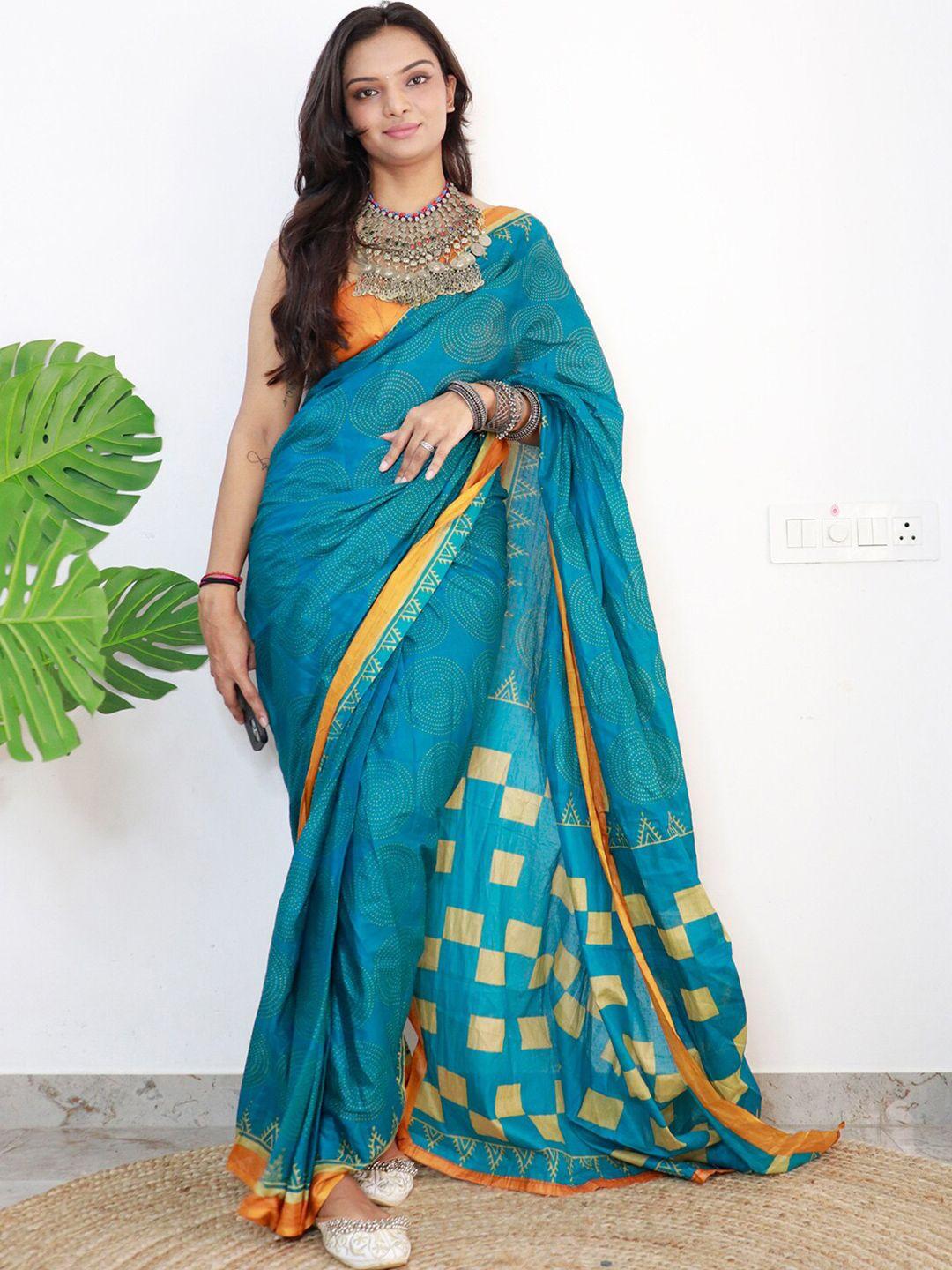 saree mall blue & yellow ethnic motifs printed pure cotton bagh sarees