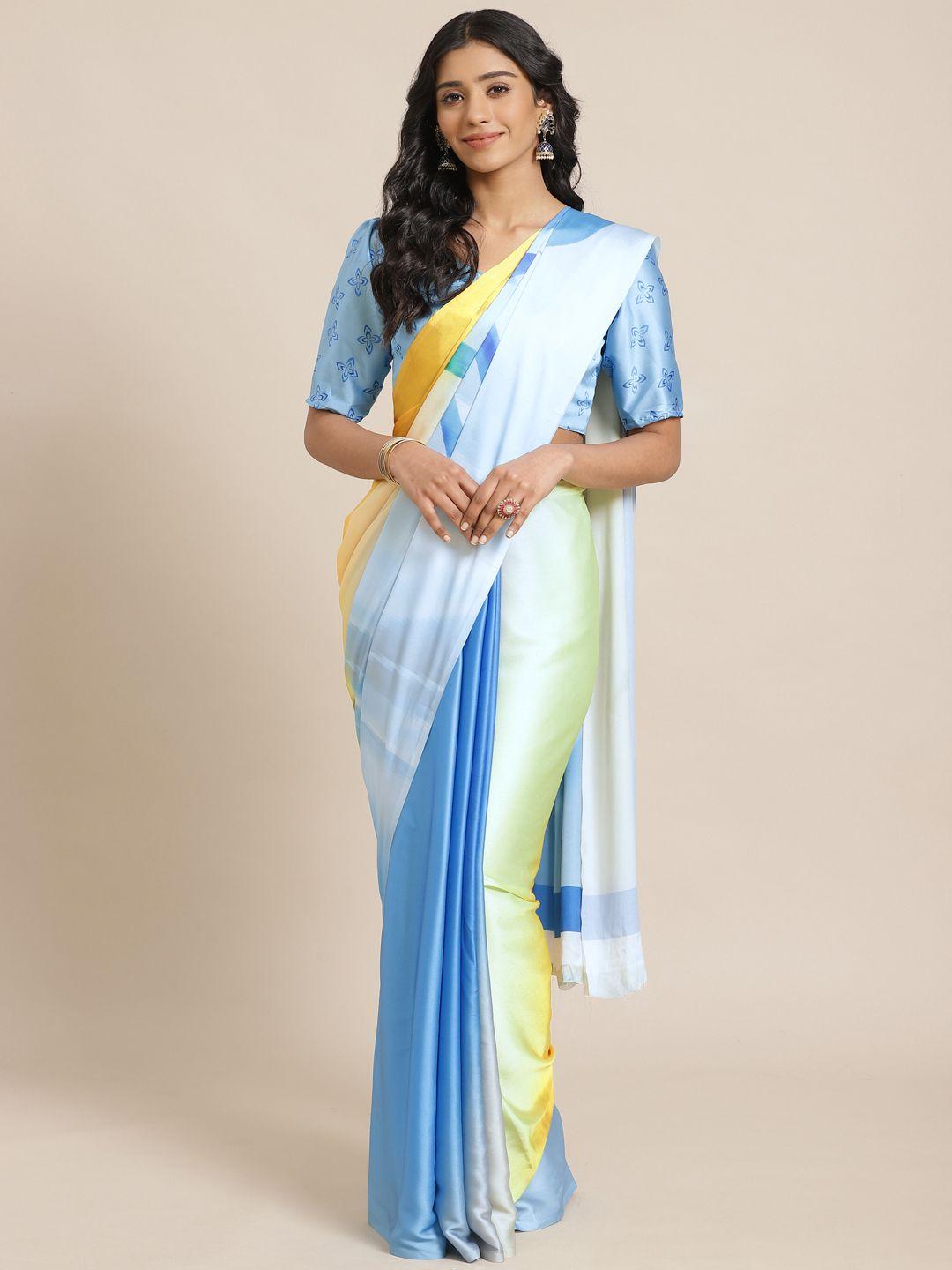 saree mall blue & yellow printed saree with satin finish