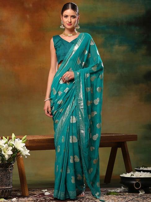 saree mall blue embellished saree with unstitched blouse