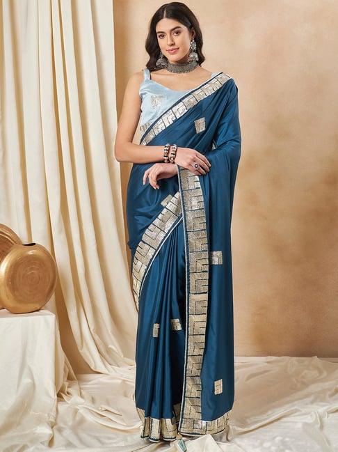 saree mall blue embroidered saree with unstitched blouse