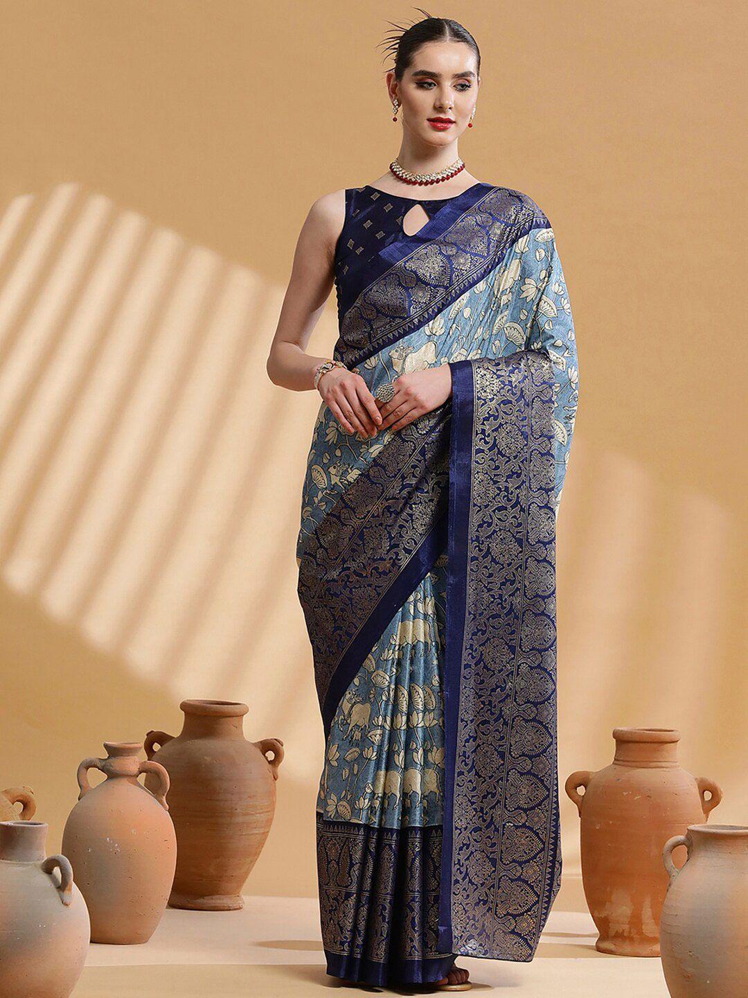 saree mall blue kalamkari silk blend designer bagh sarees