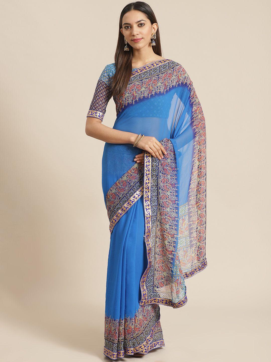 saree mall blue solid bandhani saree with bandhani print detail