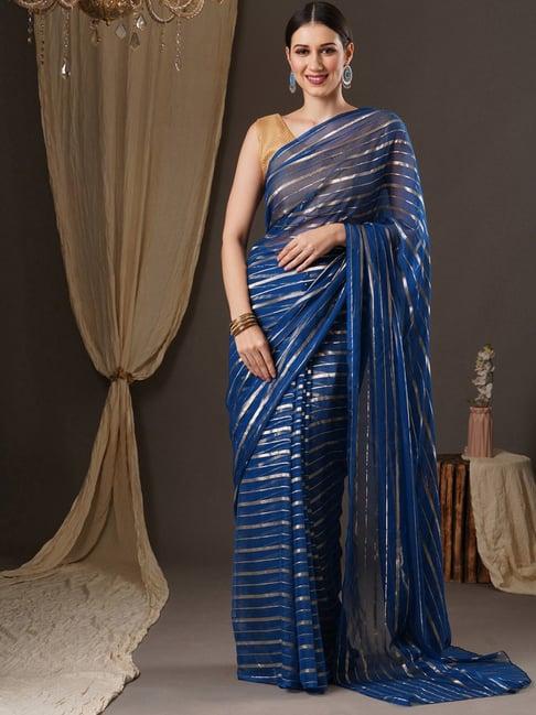 saree mall blue striped saree with unstitched blouse