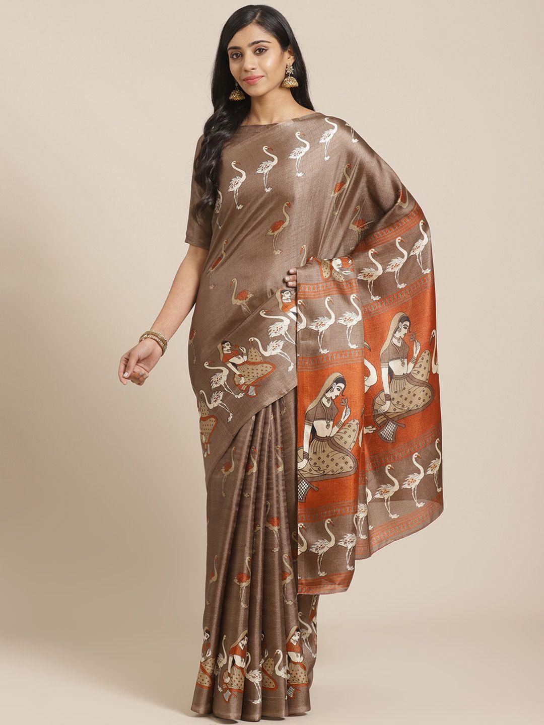 saree mall brown & beige ethnic motifs print bhagalpuri saree