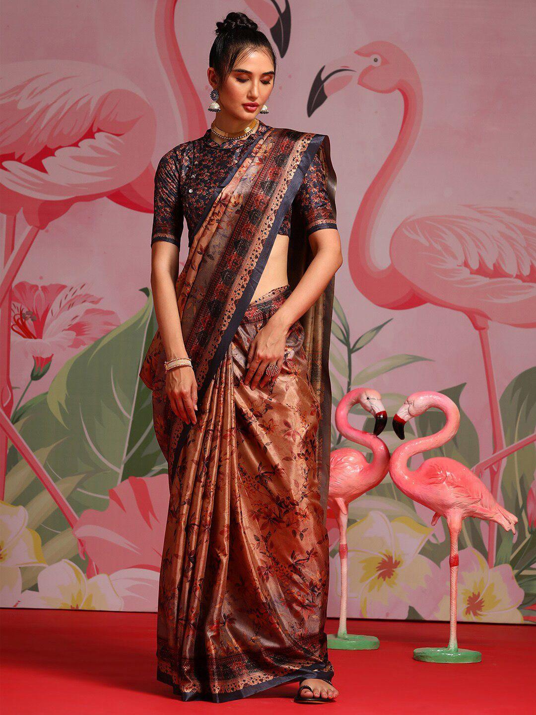 saree mall brown & black floral printed sarees