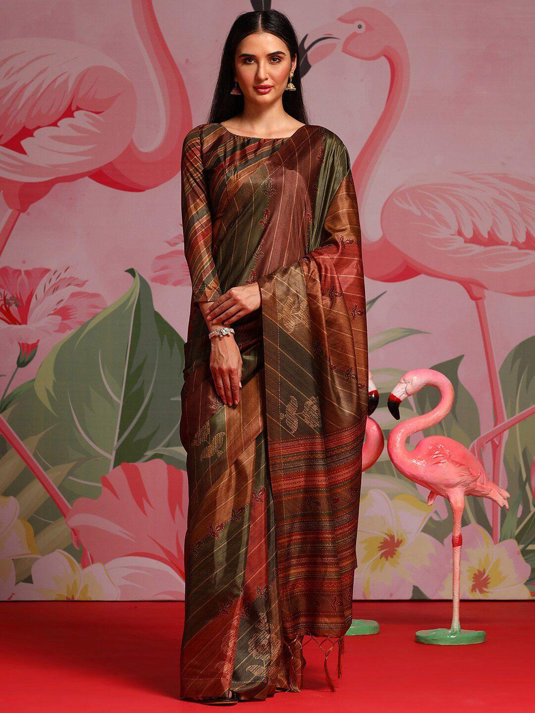 saree mall brown & green floral printed sarees