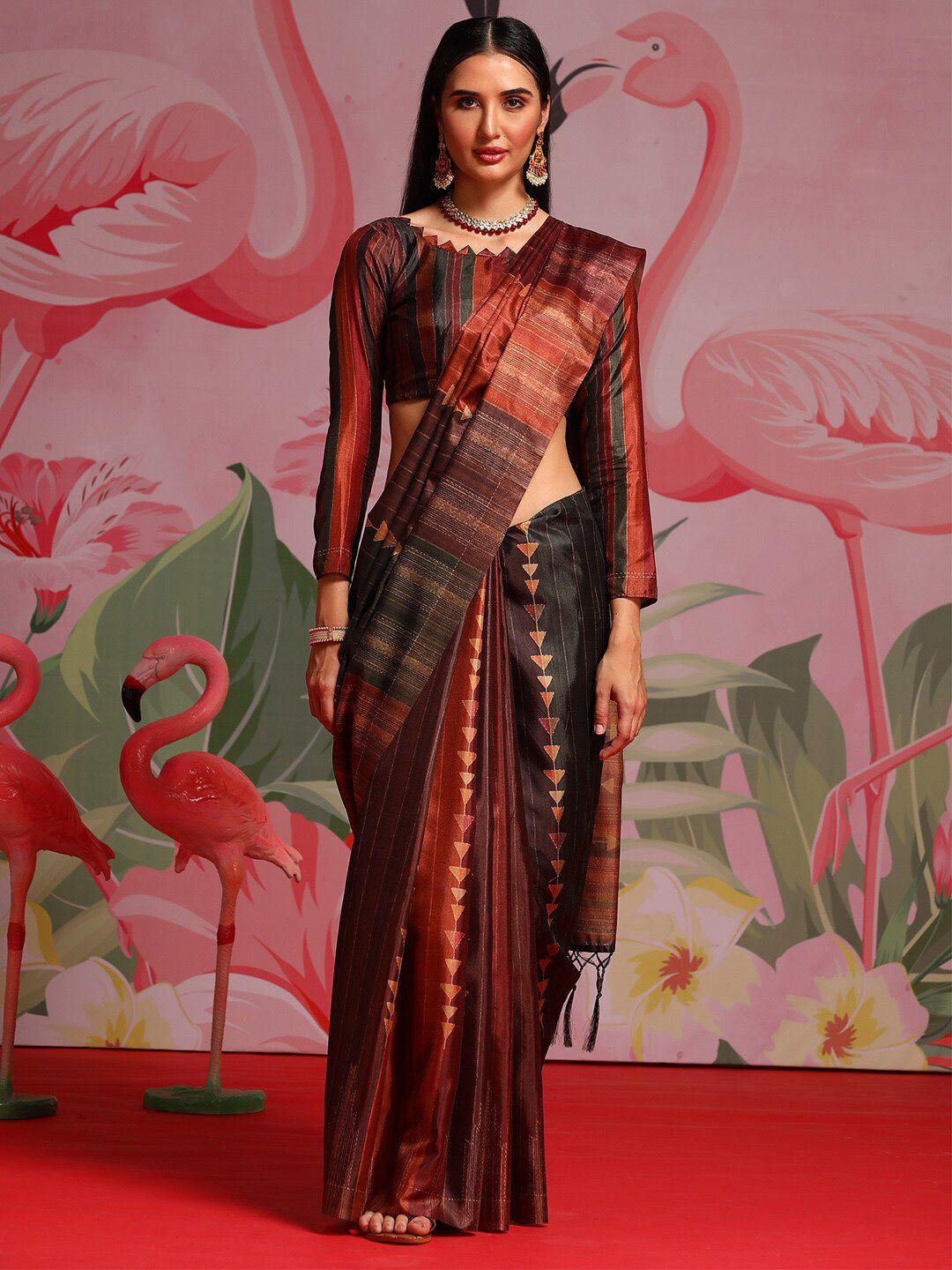 saree mall brown & green geometric printed sarees