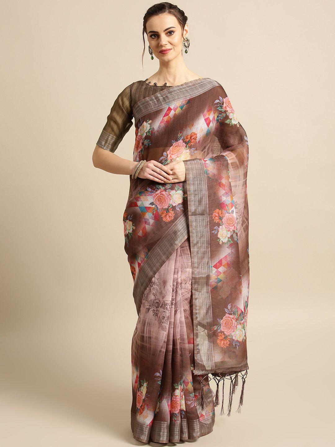 saree mall brown & pink printed saree