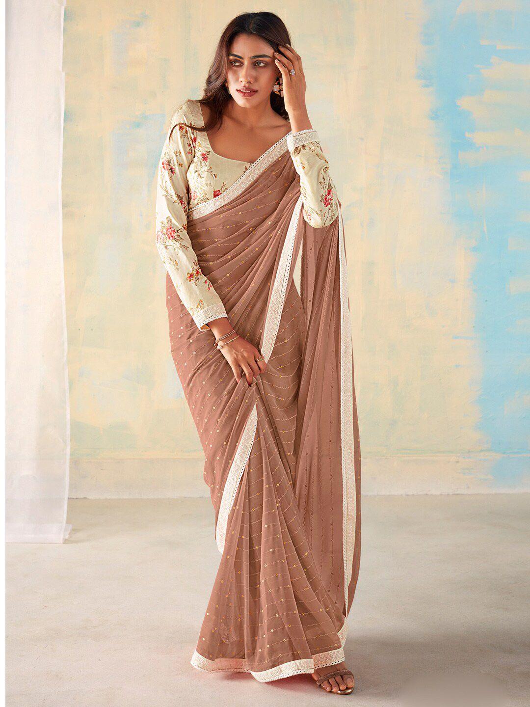 saree mall brown & white embellished sequinned pure georgette saree