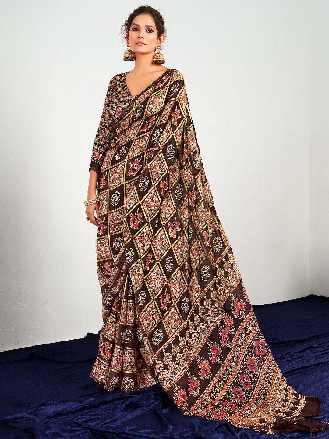 saree mall brown & white ethnic motifs pure georgette patola saree