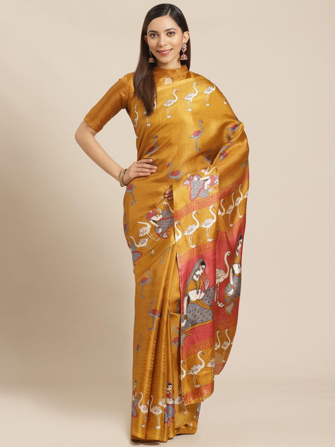 saree mall brown & white printed saree