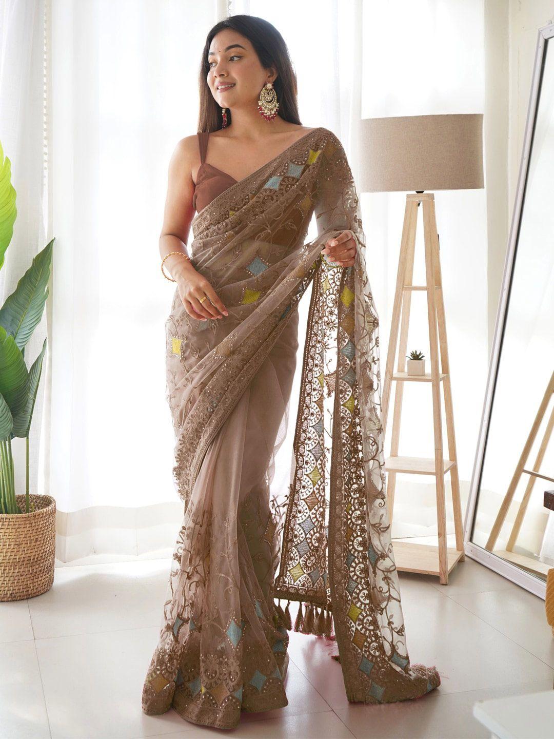 saree mall brown & yellow ethnic motifs embroidered net saree