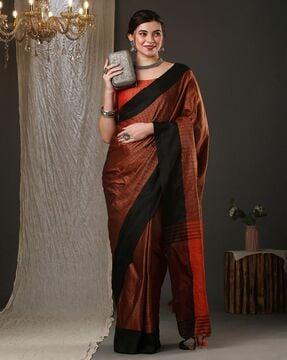 saree mall brown aura silk ethnic woven design festive saree with matching blouse saree