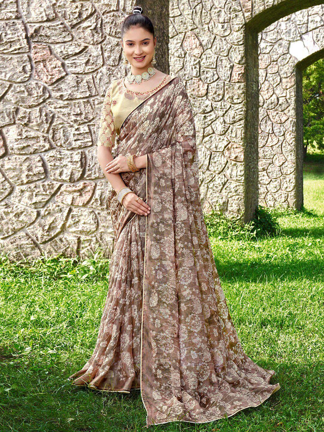 saree mall brown floral printed pure chiffon designer sarees