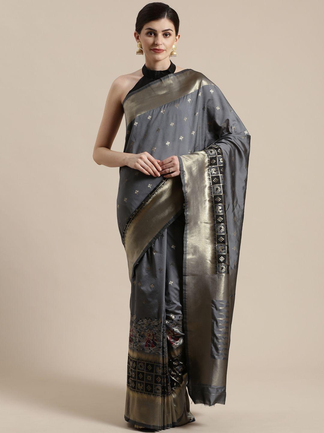 saree mall charcoal grey & golden woven design banarasi saree