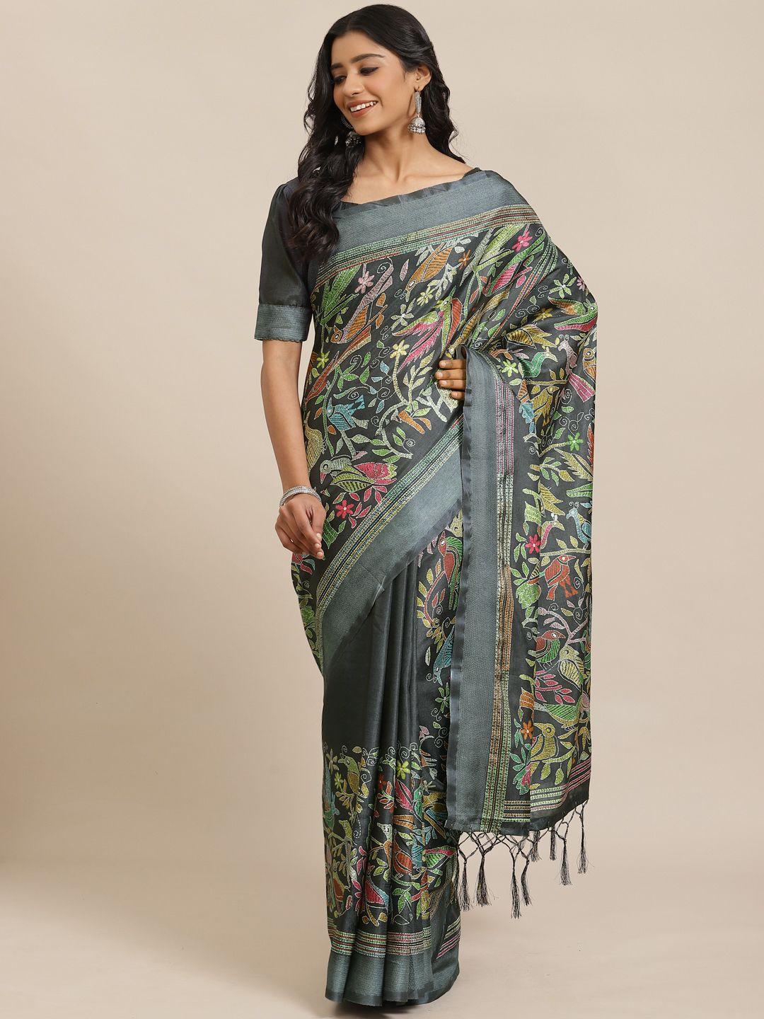 saree mall charcoal grey & green quirky print saree