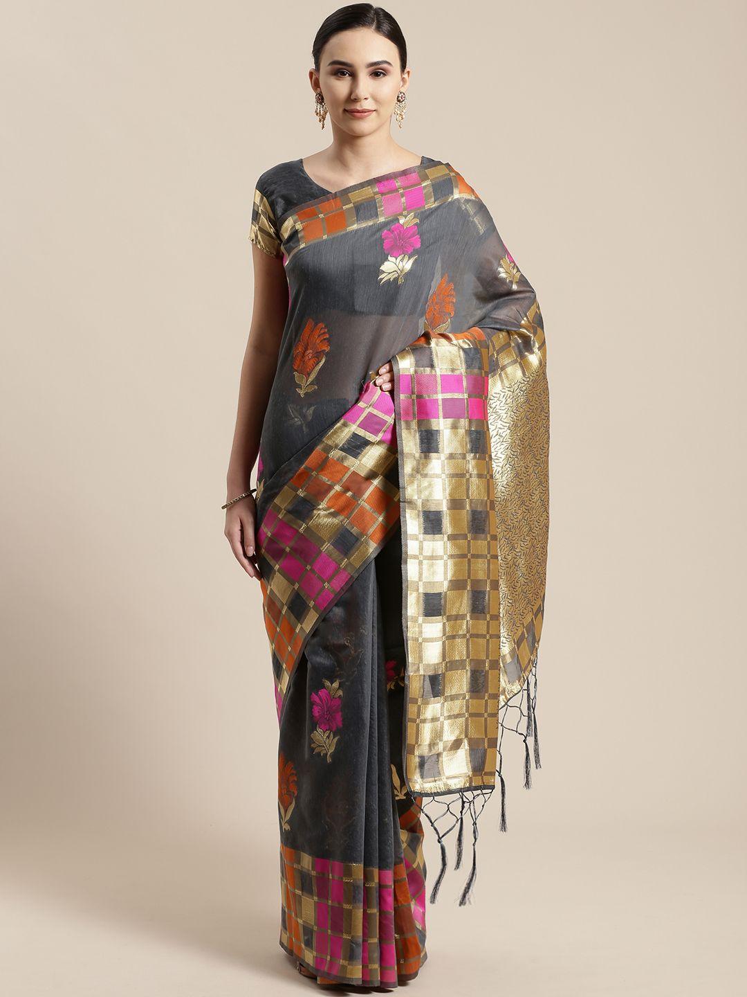 saree mall charcoal grey & orange floral woven design bhagalpuri saree
