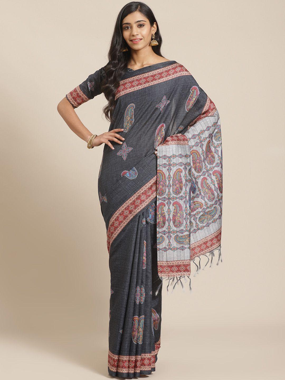 saree mall charcoal grey & pink paisley print saree