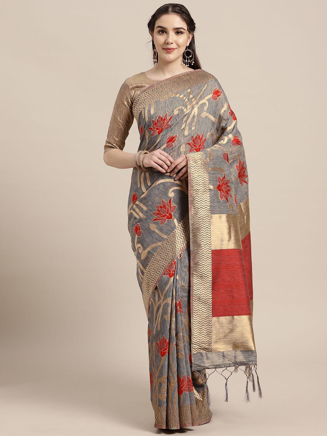 saree mall charcoal grey & red woven design saree