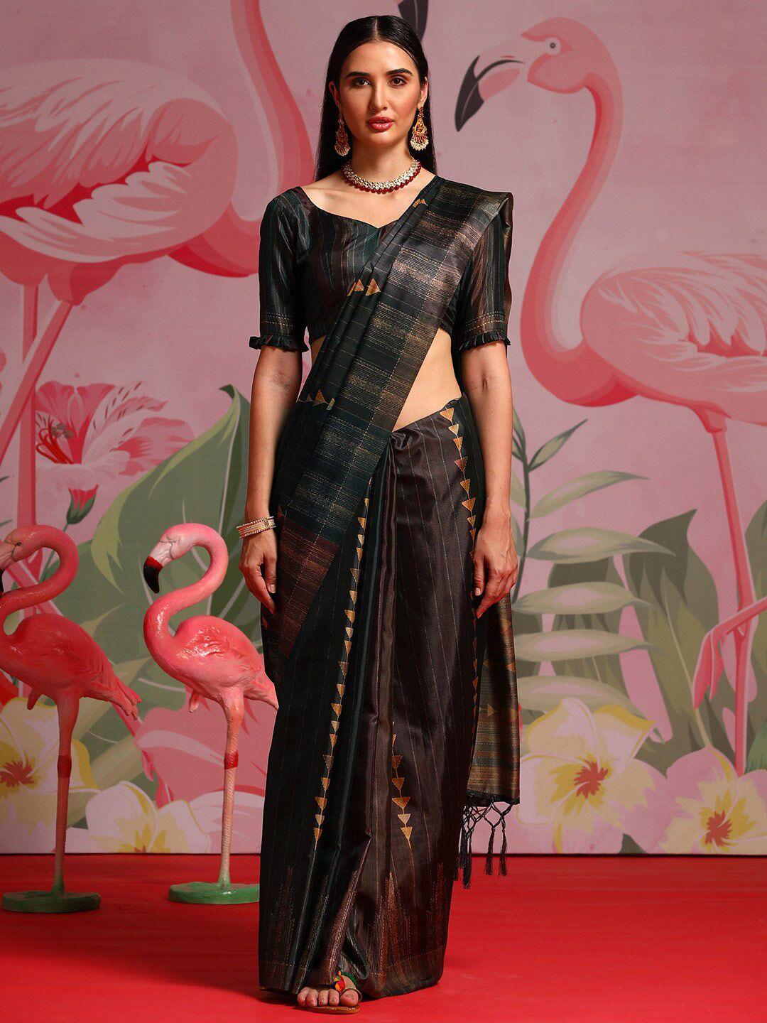 saree mall coffee brown & green geometric printed zari sarees