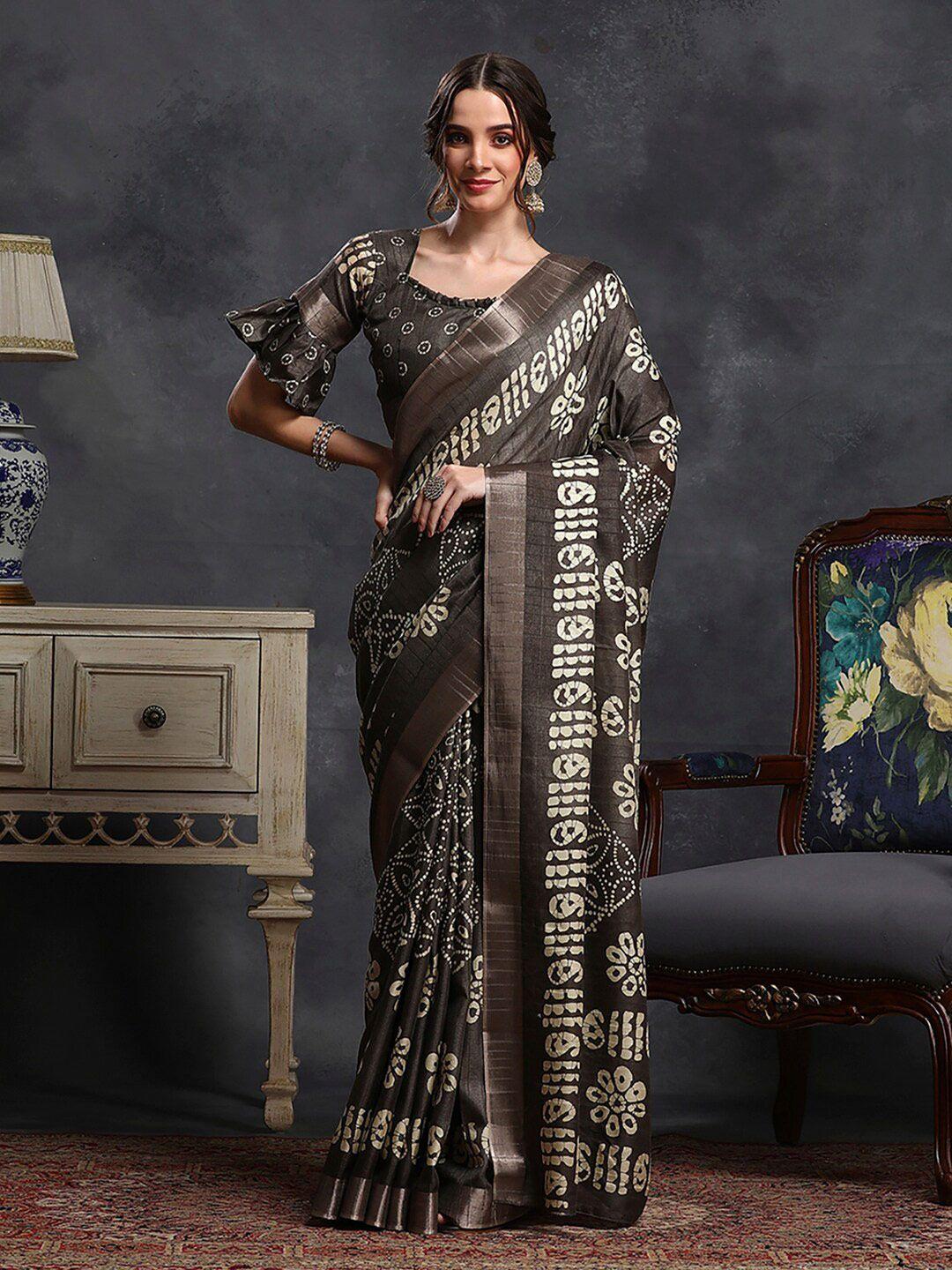 saree mall coffee brown & white ethnic motifs printed zari sungudi saree