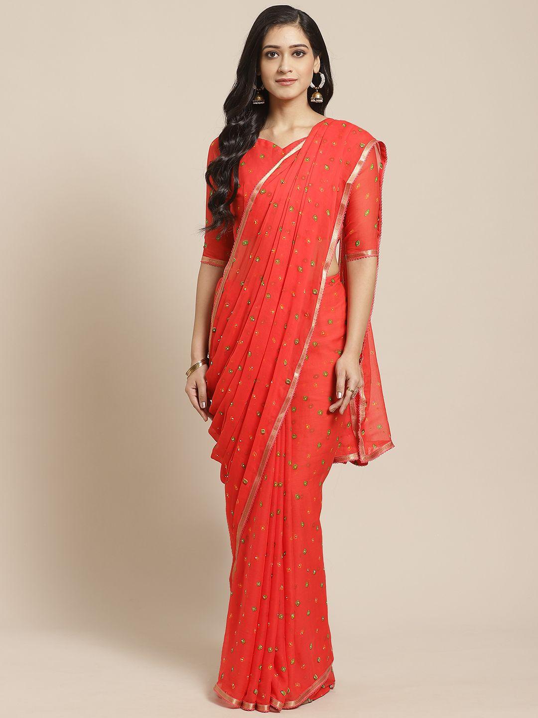 saree mall coral red & green bandhani printed saree