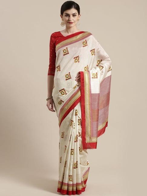 saree mall cream & red printed saree with unstitched blouse