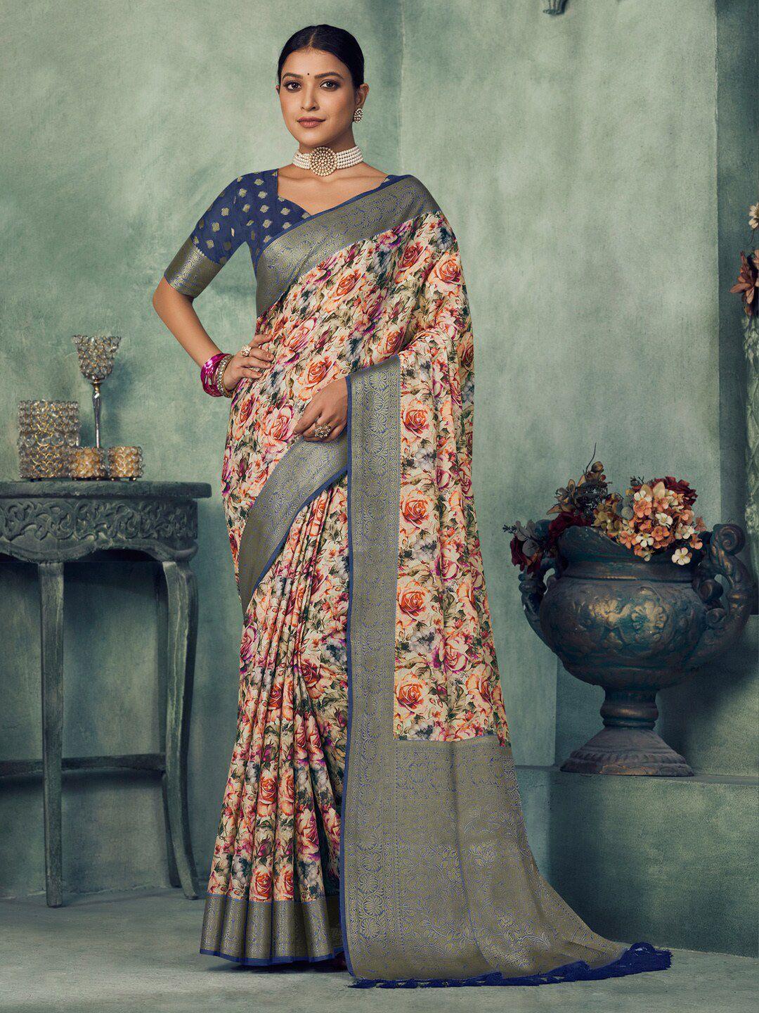 saree mall cream color floral zari silk blend sungudi sarees