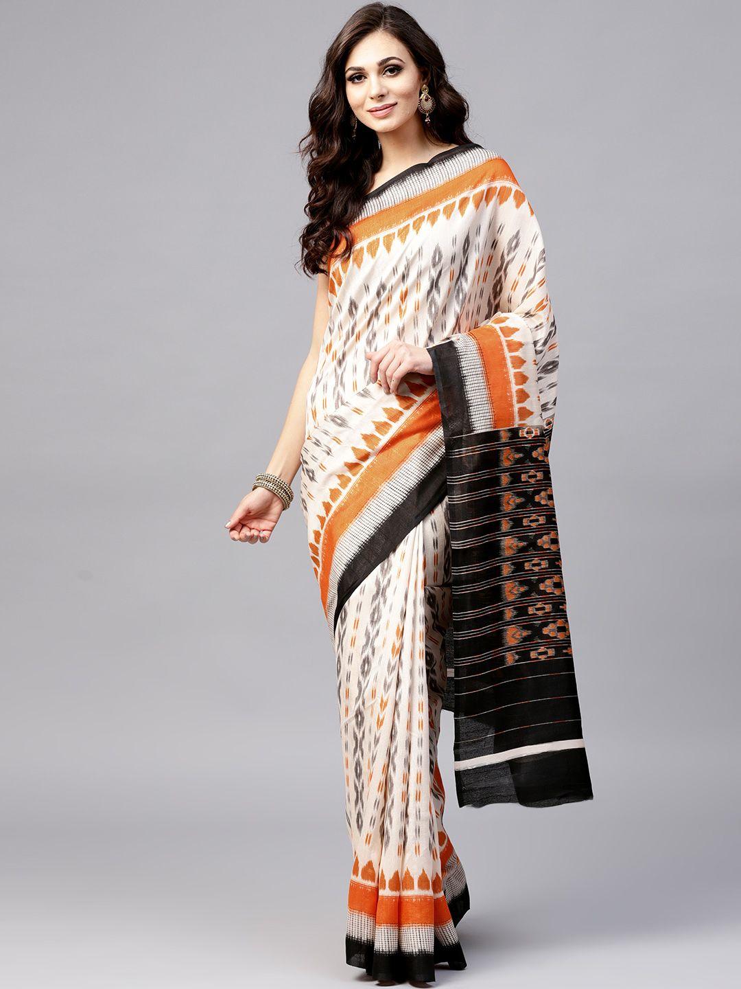 saree mall cream-coloured & orange printed ikat saree